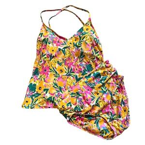 Anne Cole Women Floral Tankini Set Yellow Pink Green High Waist Ruched Large